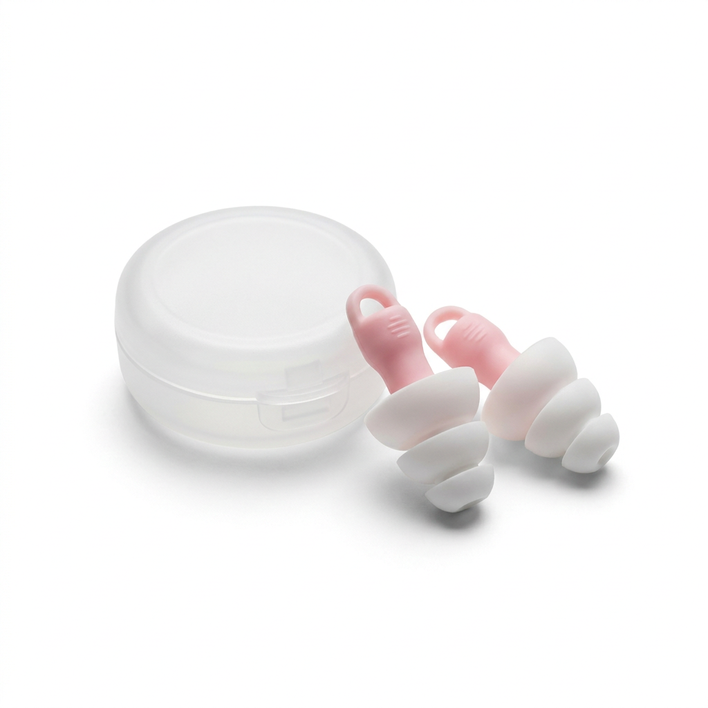 Pair of reusable silicone earplugs with compact carrying case on a white background