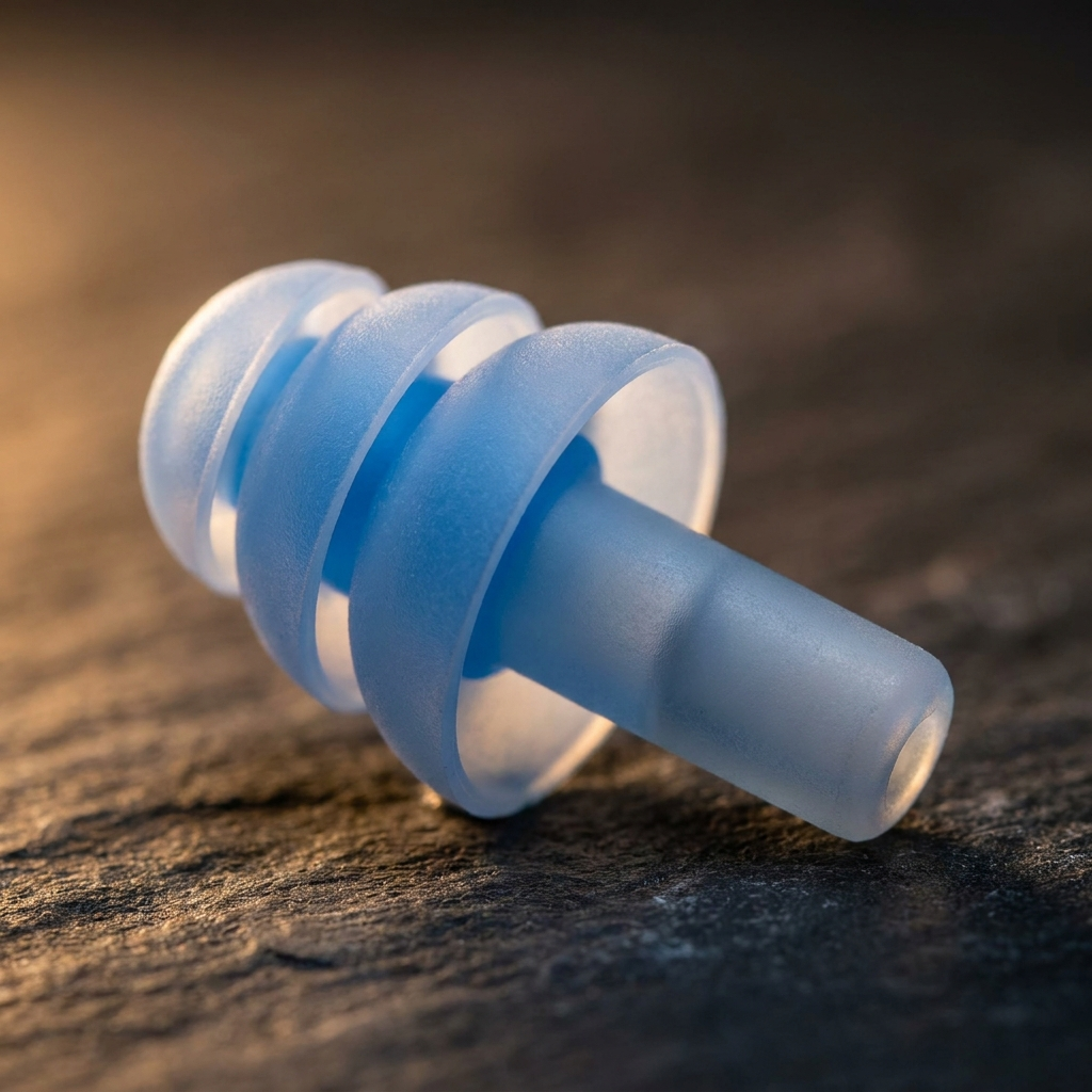 Close-up of a soft silicone earplug showing its flexible flange rings and matte finish