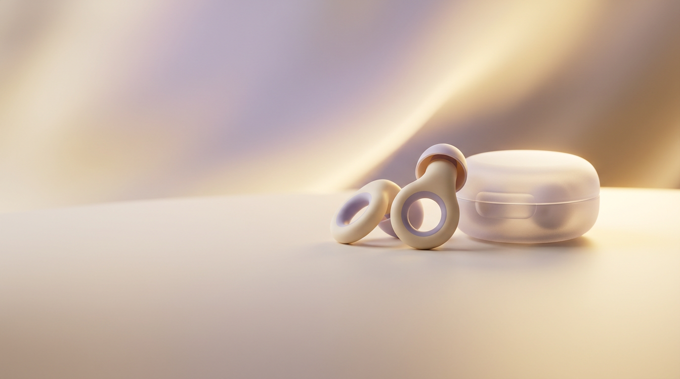 Silicone earplugs and carrying case on a soft cream and lavender gradient background