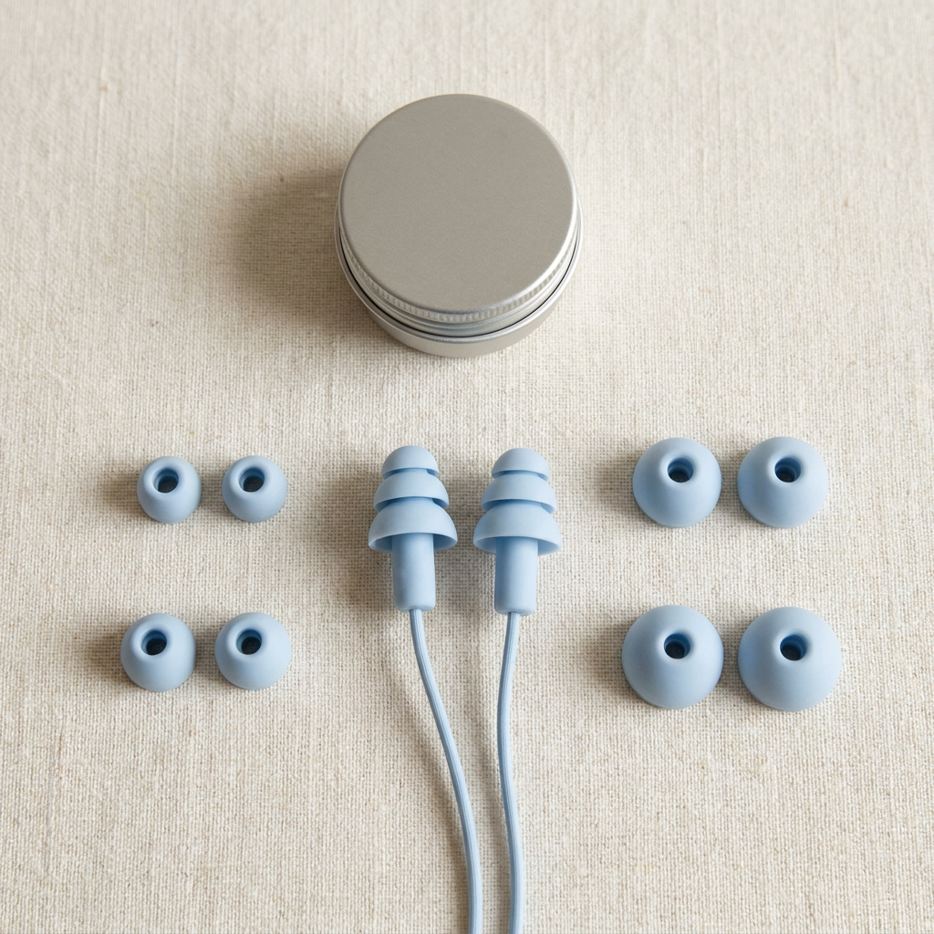 Flat-lay of silicone earplugs with small, medium and large ear tips and a carrying case