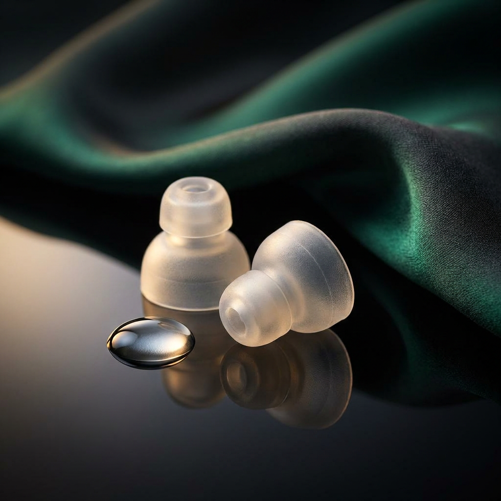 Silicone earplugs styled on a reflective surface with silk fabric and a water droplet