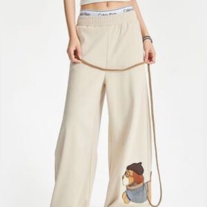 Leashed Dog Embroidery Wide-leg Pants For Women
